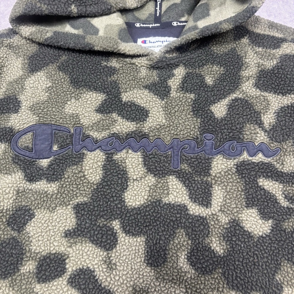 Champion Hoodie Camo Pullover Sherpa Sweatshirt Unisex Medium Long Sleeve Green - Picture 3 of 11